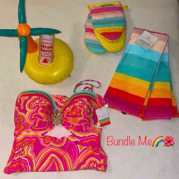 New!! Trina Turk 25th Anniversary Rainbow Sunrise Stripe 4pc Ov Mitt/Towel Set🌈 - Picture 7 of 13